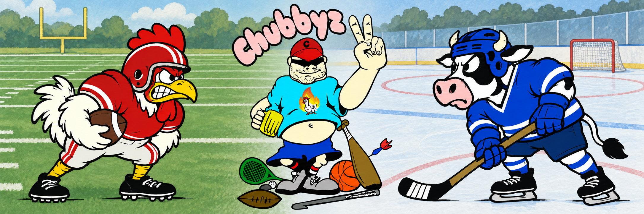Chubbyz 2 mascot between a football chicken and a hockey cow, with a football field fading into an ice hockey rink behind them